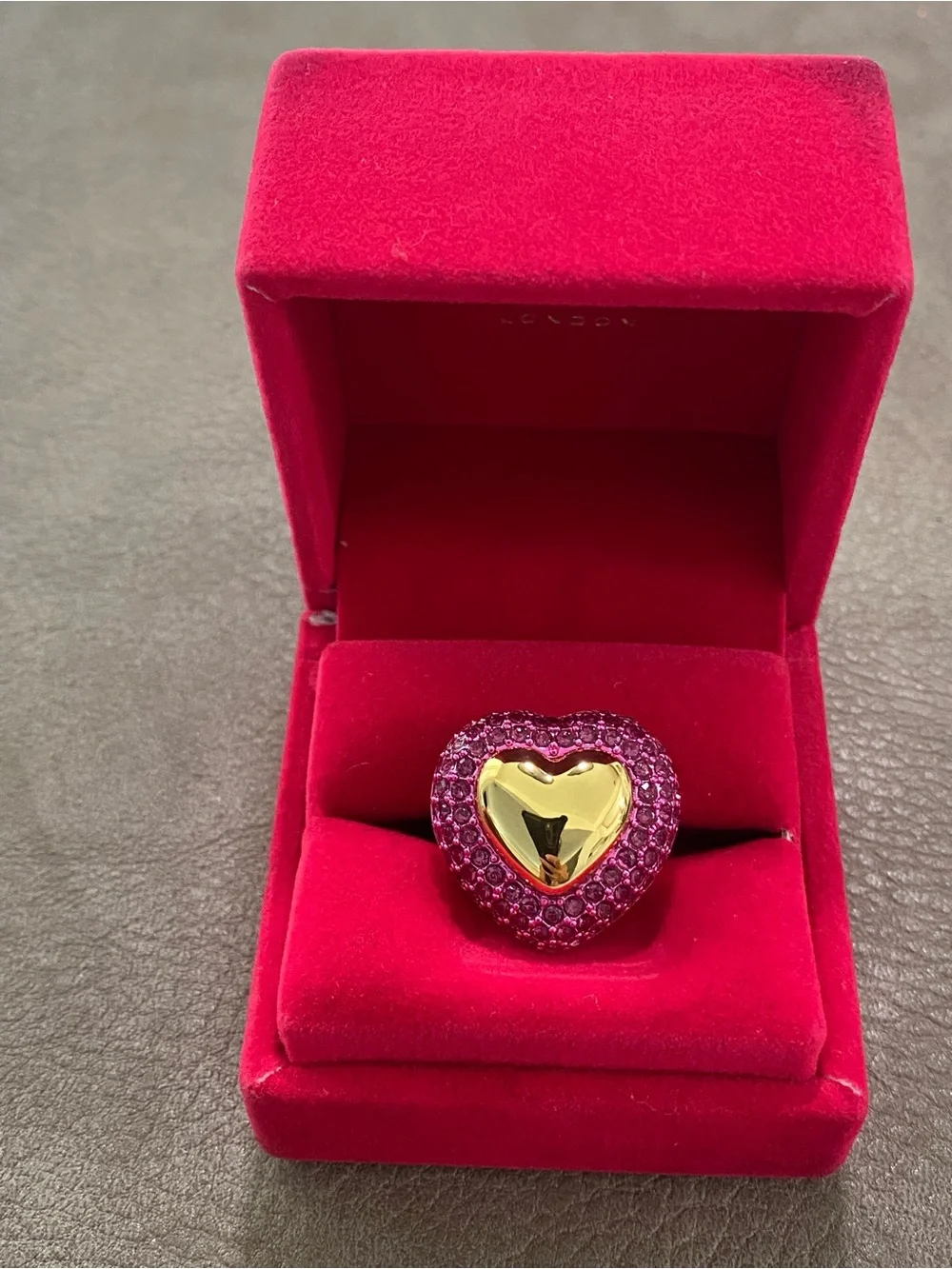 Kurt Geiger Gold Heart Ring with Pink Crystal Pave Size 8